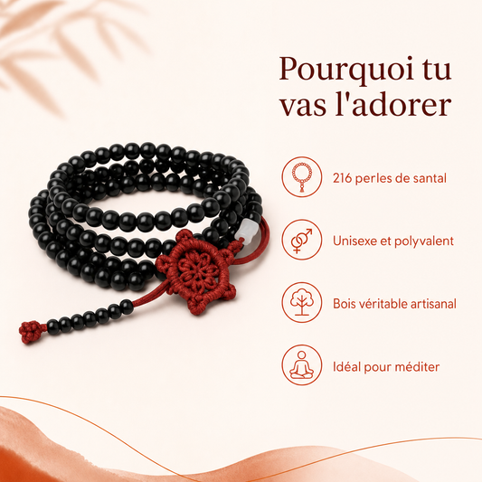 Mala Tibétain en bois de santal : benefices cles