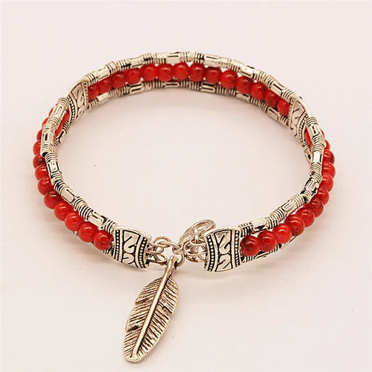 Bracelet tibétain vintage femme coloris rouge symbolique bouddhiste