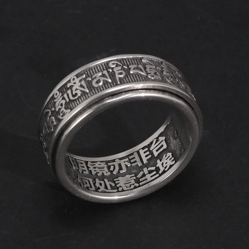 Bague bouddhiste argent 925 portée au doigt, anneau rotatif mantra tibétain
