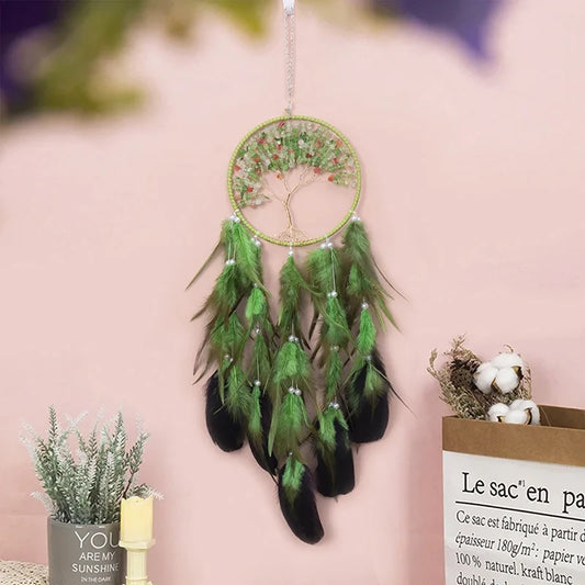 Détail tissage central attrape-rêve arbre de vie vert en textile