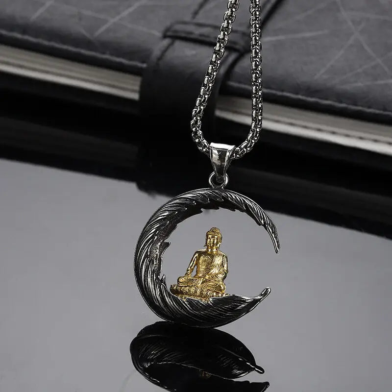 Pendentif Bouddha lune en alliage de zinc, coloris jaune clair, motif croissant