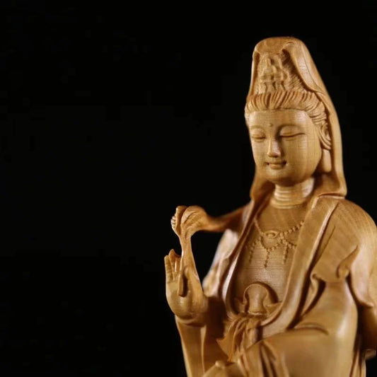 Statue Bouddhiste Guan Yin & dragon en bois