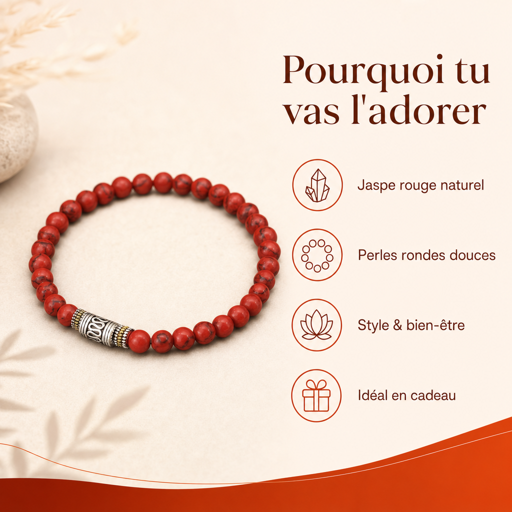 Bracelet tibétain jaspe rouge perles naturelles 8 mm bénéfices