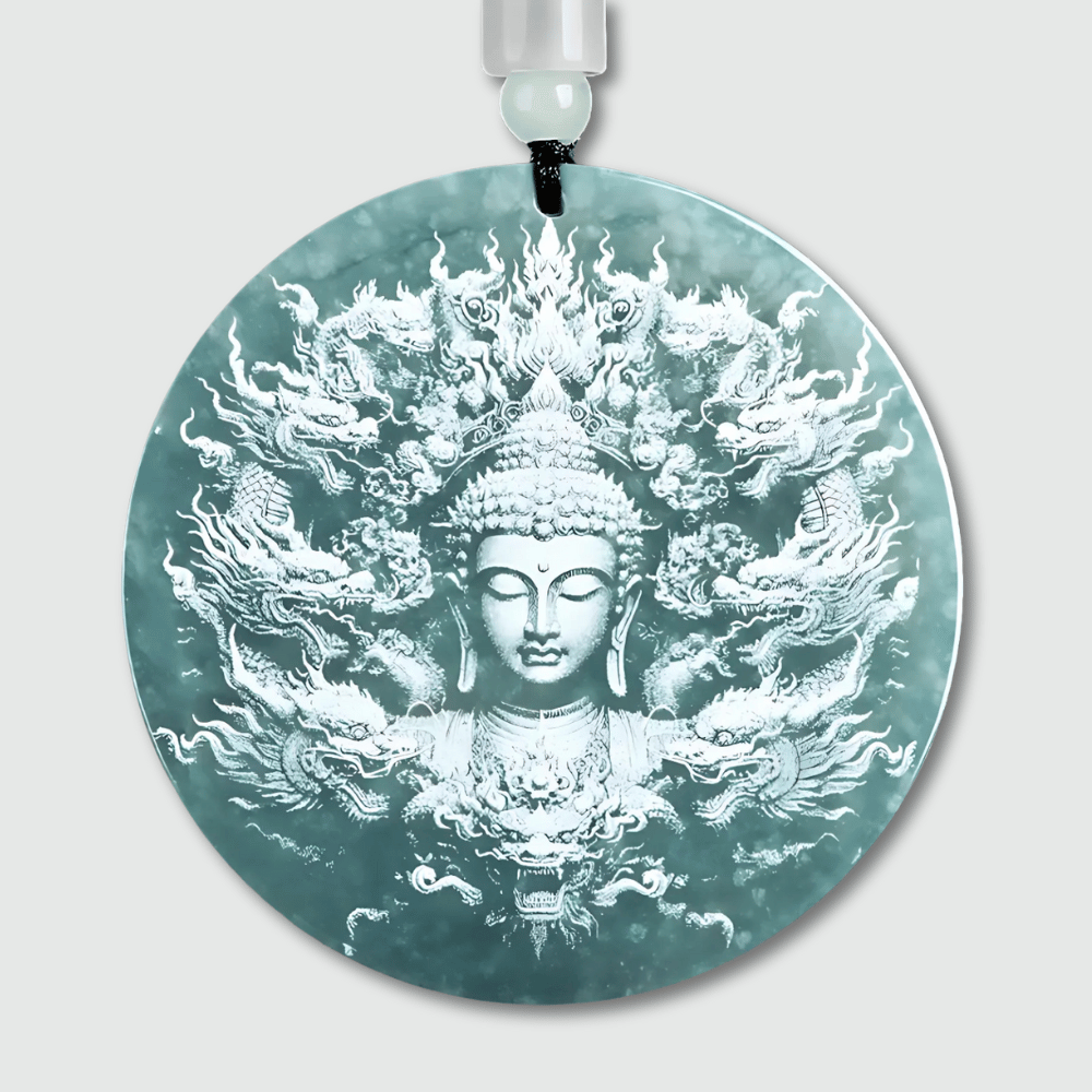 Amulette Bouddha bleu Birmanie en jade naturel birman, vue de face, 55 mm