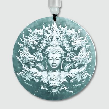 Amulette Bouddha bleu Birmanie en jade naturel birman, vue de face, 55 mm