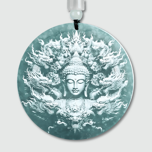 Amulette Bouddha bleu Birmanie en jade naturel birman, vue de face, 55 mm