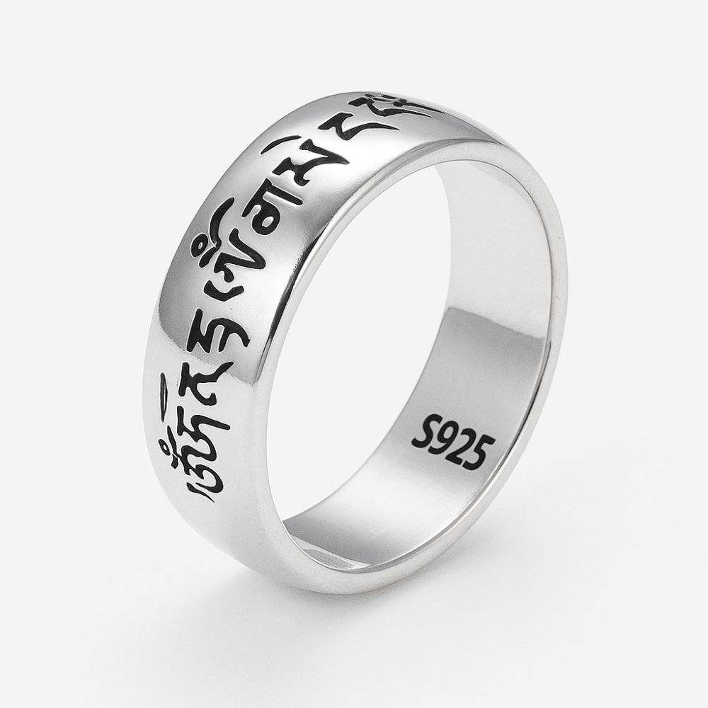 Bague argent Tibet 5 mm, argent massif artisanal, vue de face