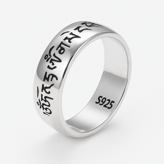 Bague argent Tibet 5 mm, argent massif artisanal, vue de face
