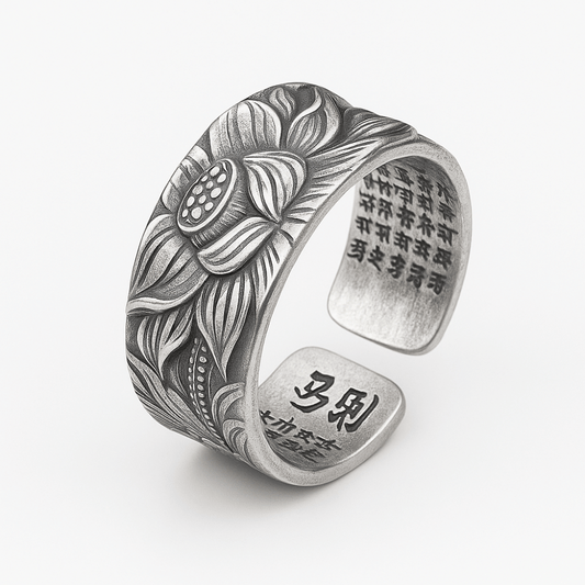 Bague homme lotus en alliage de zinc, motif fleur de lotus gravé en relief, vue de face