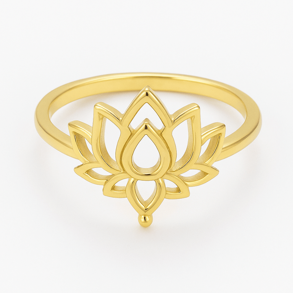 Bague lotus bouddhiste en acier inoxydable finition dorée, motif padma gravé, largeur 2 mm