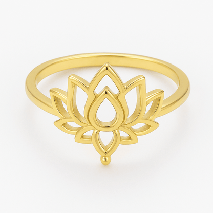 Bague lotus bouddhiste en acier inoxydable finition dorée, motif padma gravé, largeur 2 mm