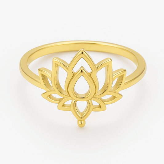 Bague lotus bouddhiste en acier inoxydable finition dorée, motif padma gravé, largeur 2 mm