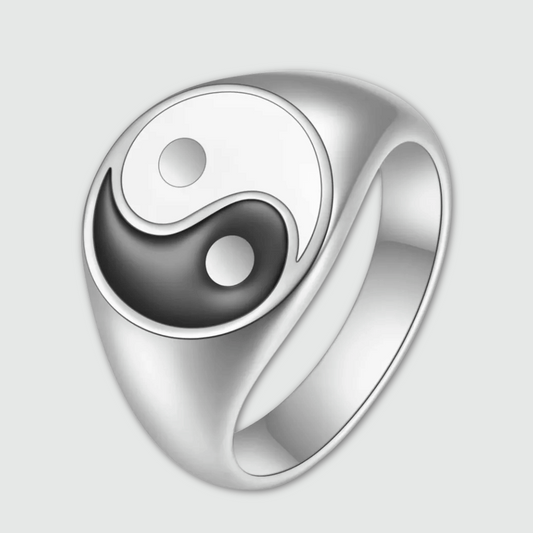 Bague yin et yang en acier inoxydable 316L finition bicolore noir et blanc 7 mm