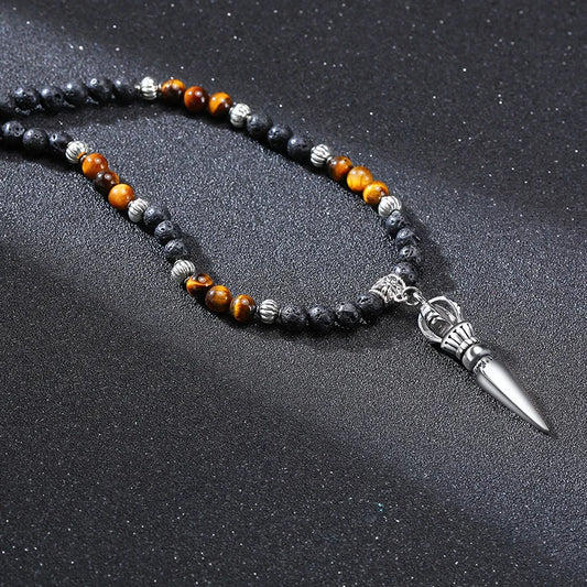 Collier Bouddhiste Pointue Oeil de Tigre Et Pierre de Lave