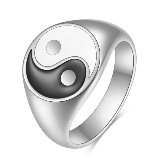 Bague yin yang bouddhiste acier inoxydable vue de face symbole taoïste