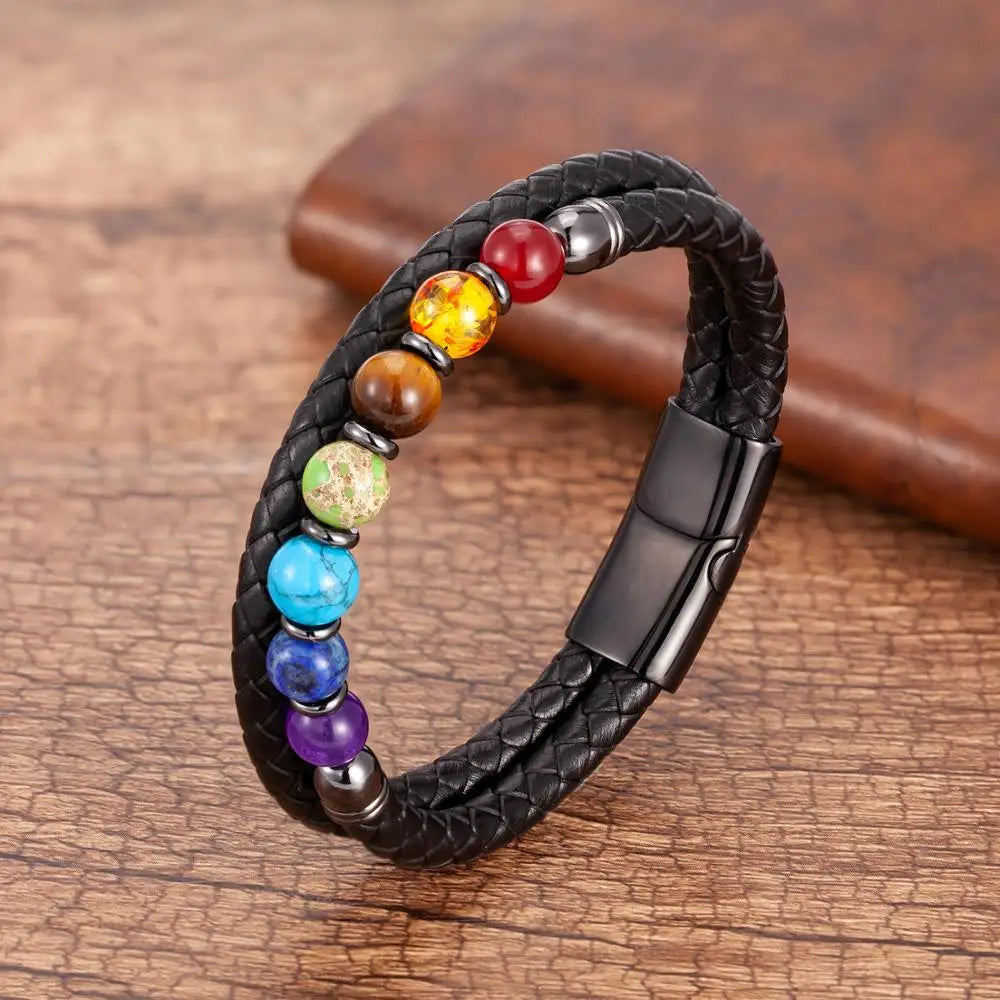 Bracelet 7 chakras cuir trois tailles 19 cm 21 cm 23 cm comparaison