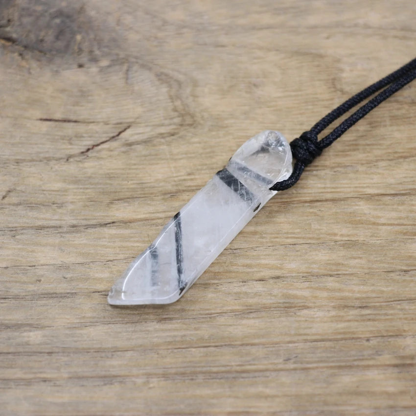 Collier quartz rutilé inclusions dorées pendentif cuivre rectangle