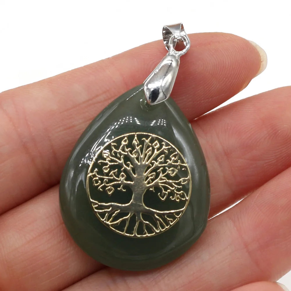 Pendentif Arbre de Vie sur pierre naturelle, monture fil tressé, cordon coulissant
