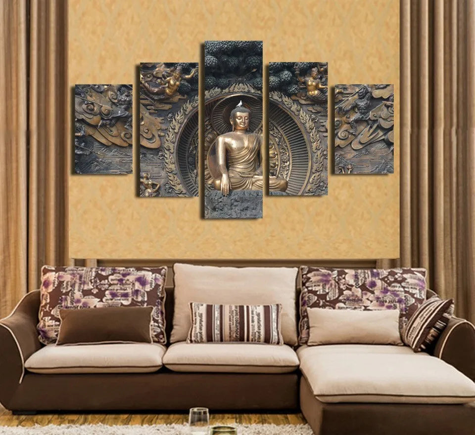 Tableau Bouddha 5 Parties en Bronze