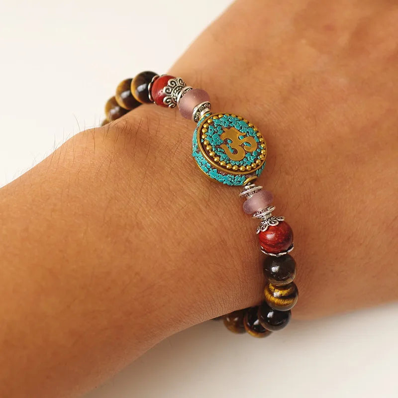 Bracelet oeil de tigre tibétain vue d'ensemble cordelette coulissante