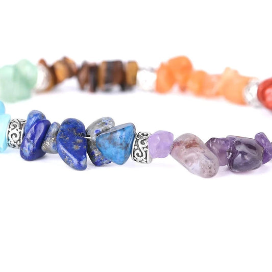 Bracelet baroque 7 chakras porté au poignet, séquence chromatique des sept chakras visible