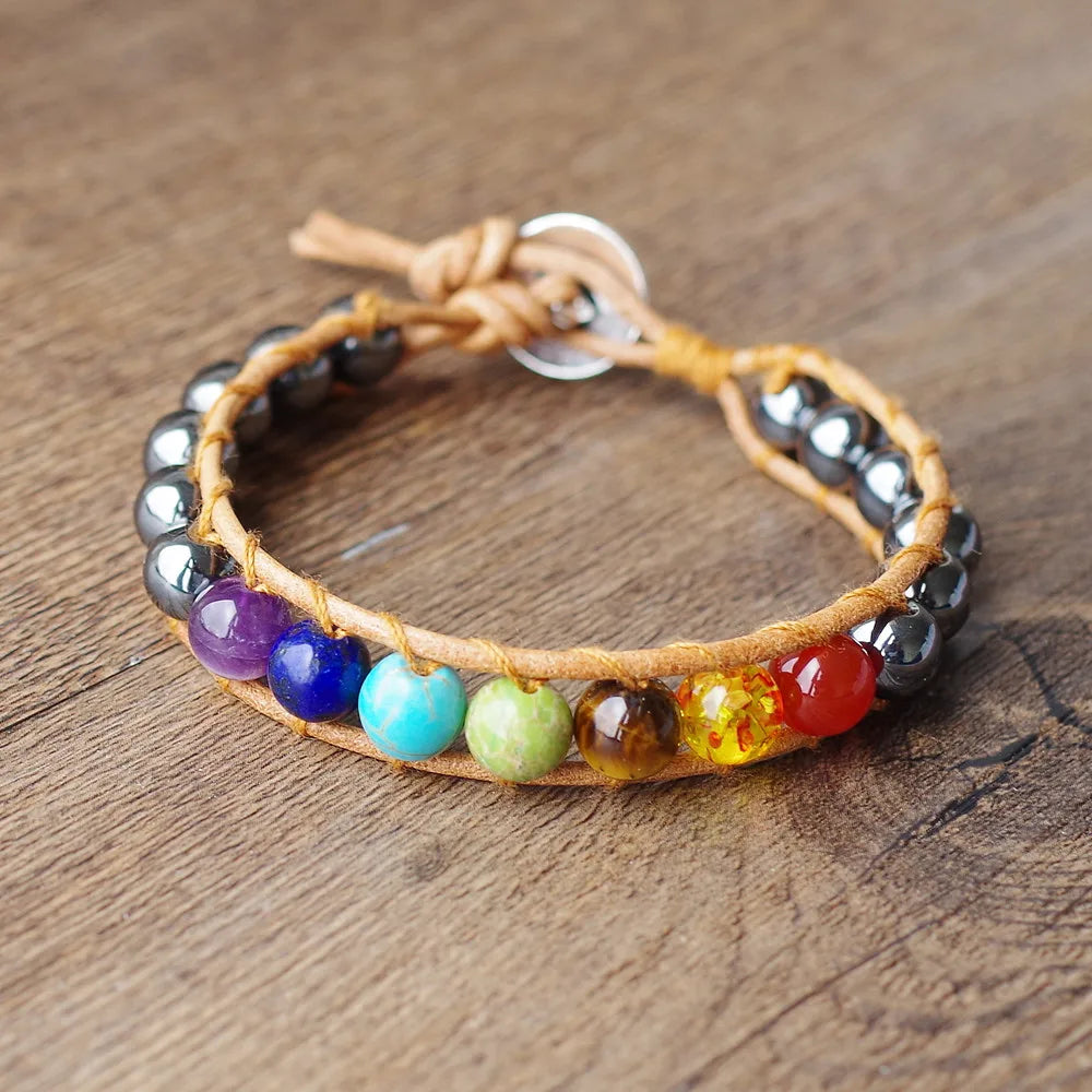Bracelet 7 Chakras Hématite en Cuir