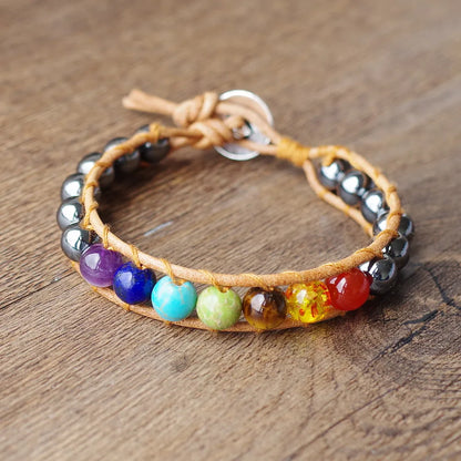 Bracelet 7 Chakras Hématite en Cuir