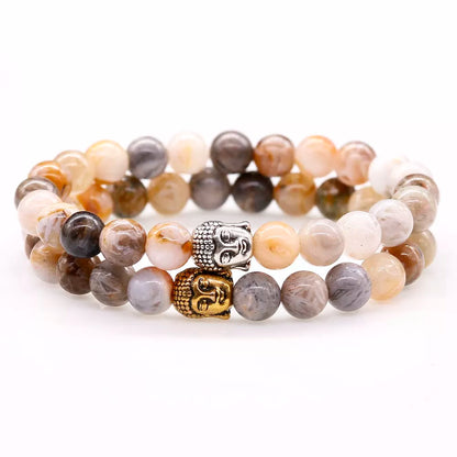 Bracelet tête de Bouddha en agate naturelle grise, perles 8 mm, pièce centrale dorée