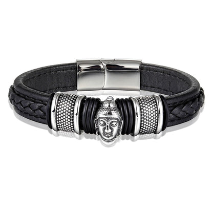 Bracelet cuir tressé & tête de bouddha en acier