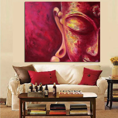Tableau Bouddha rouge accroché au mur d'un salon, format 40x50 cm