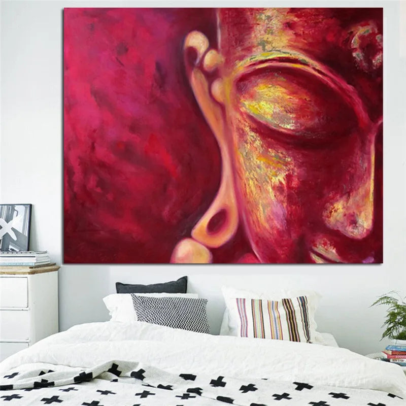 Tableau Bouddha rouge dans un espace méditation, lumière naturelle indirecte