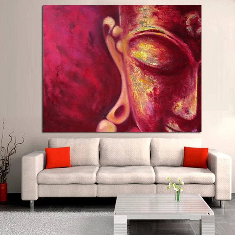 Tableau Bouddha rouge format 60x80 cm posé contre un mur blanc, vue d'ensemble