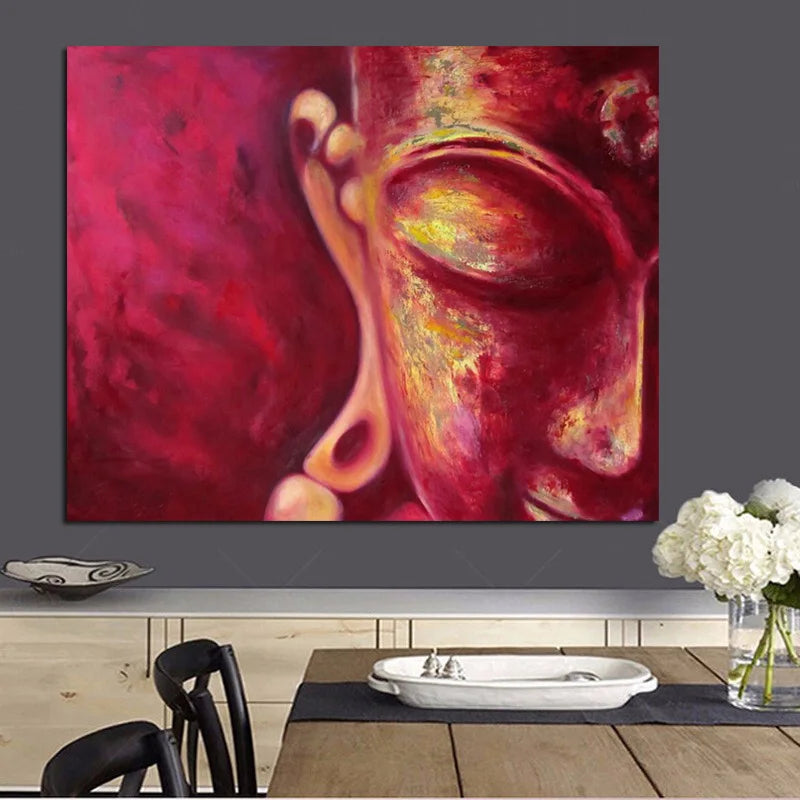 Détail impression pigmentaire tableau Bouddha rouge, finition mate sur toile polyester