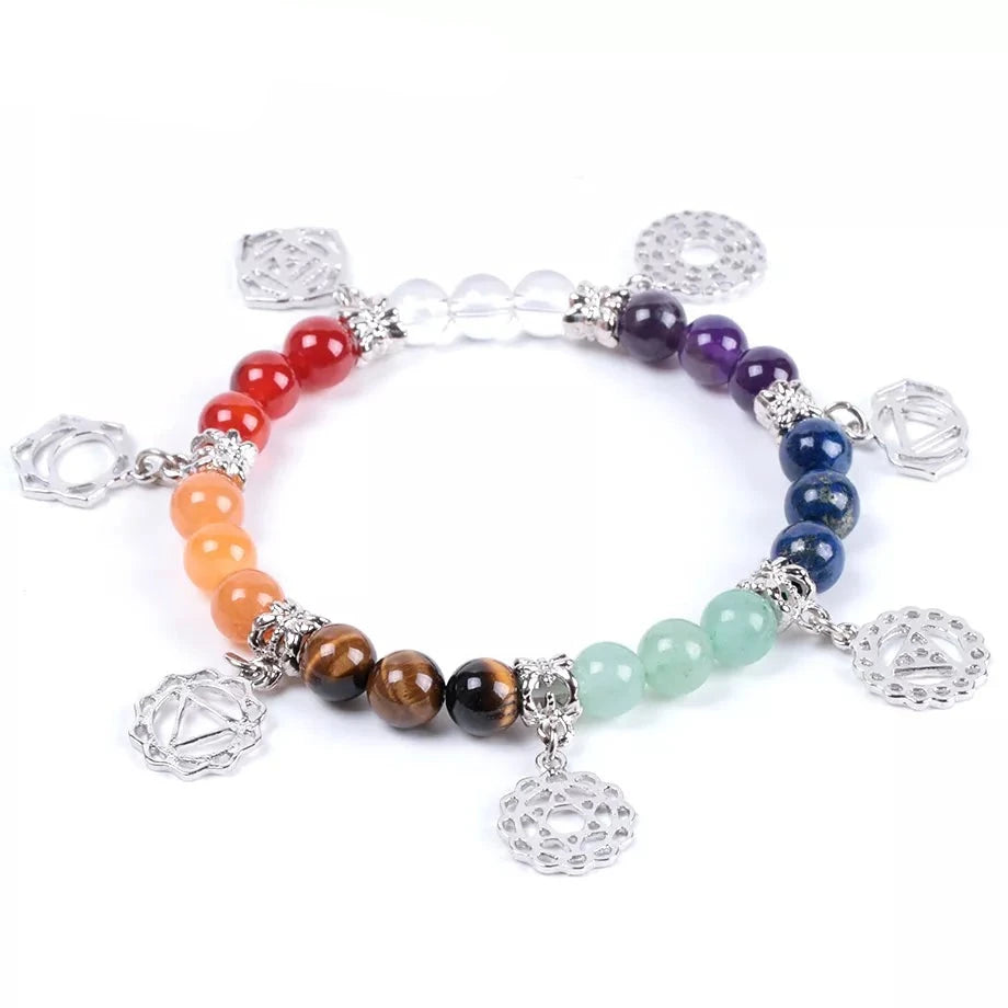 Bracelet pendentifs 7 chakras en pierres semi-précieuses naturelles 8 mm avec raccords cuivre
