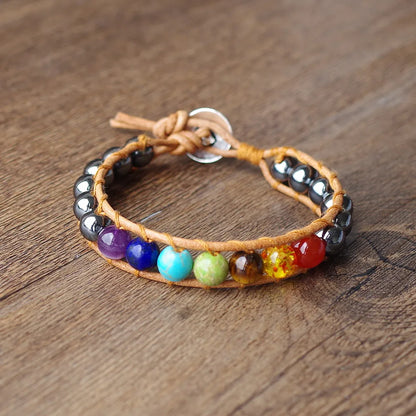 Bracelet 7 Chakras Hématite en Cuir