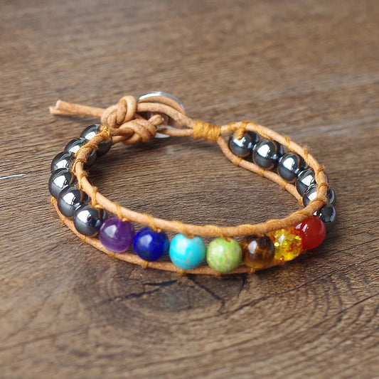 Bracelet 7 Chakras Hématite en Cuir