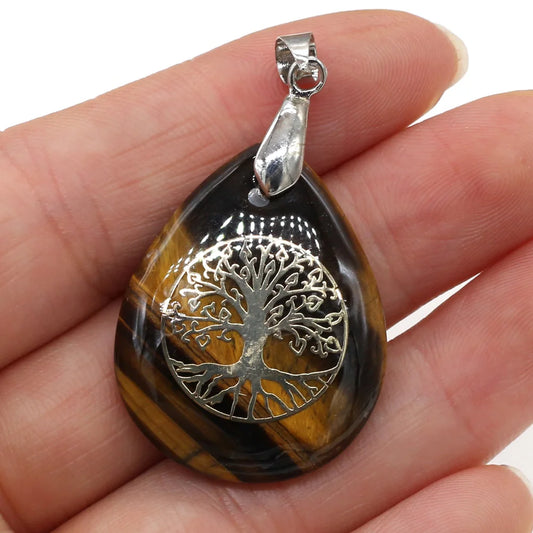 Pendentif Arbre de Vie oeil de tigre, reflets dorés et bruns, vue de face