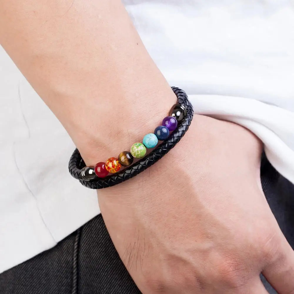 Bracelet bouddhiste 7 chakras cuir finition noire, fermoir acier inoxydable 316L