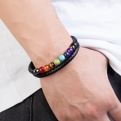 Bracelet bouddhiste 7 chakras cuir finition noire, fermoir acier inoxydable 316L