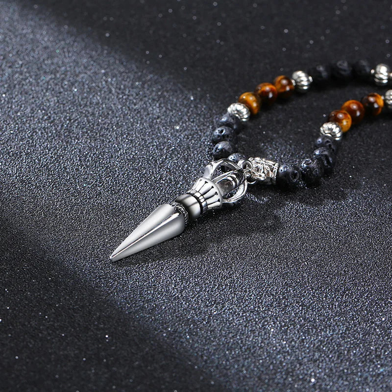 Collier Bouddhiste Pointue Oeil de Tigre Et Pierre de Lave