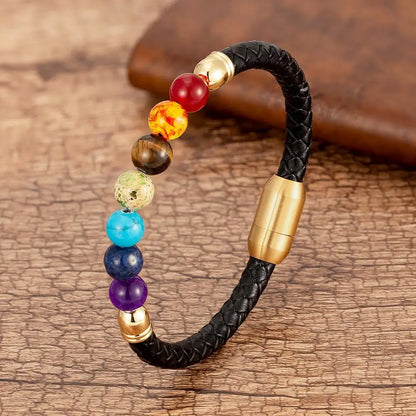 Bracelet bouddhiste 7 chakras cuir véritable finition dorée, sept pierres naturelles polies