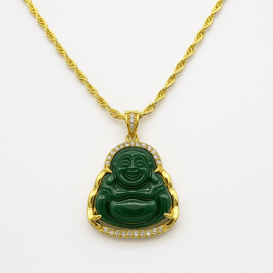 Pendentif Bouddha jade vert naturel poli, motif dhyana mudra, vue face