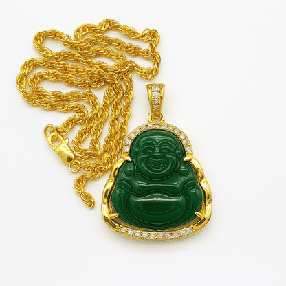 Pendentif en jade vert bouddhiste, détail sculpture Bouddha assis, pierre naturelle