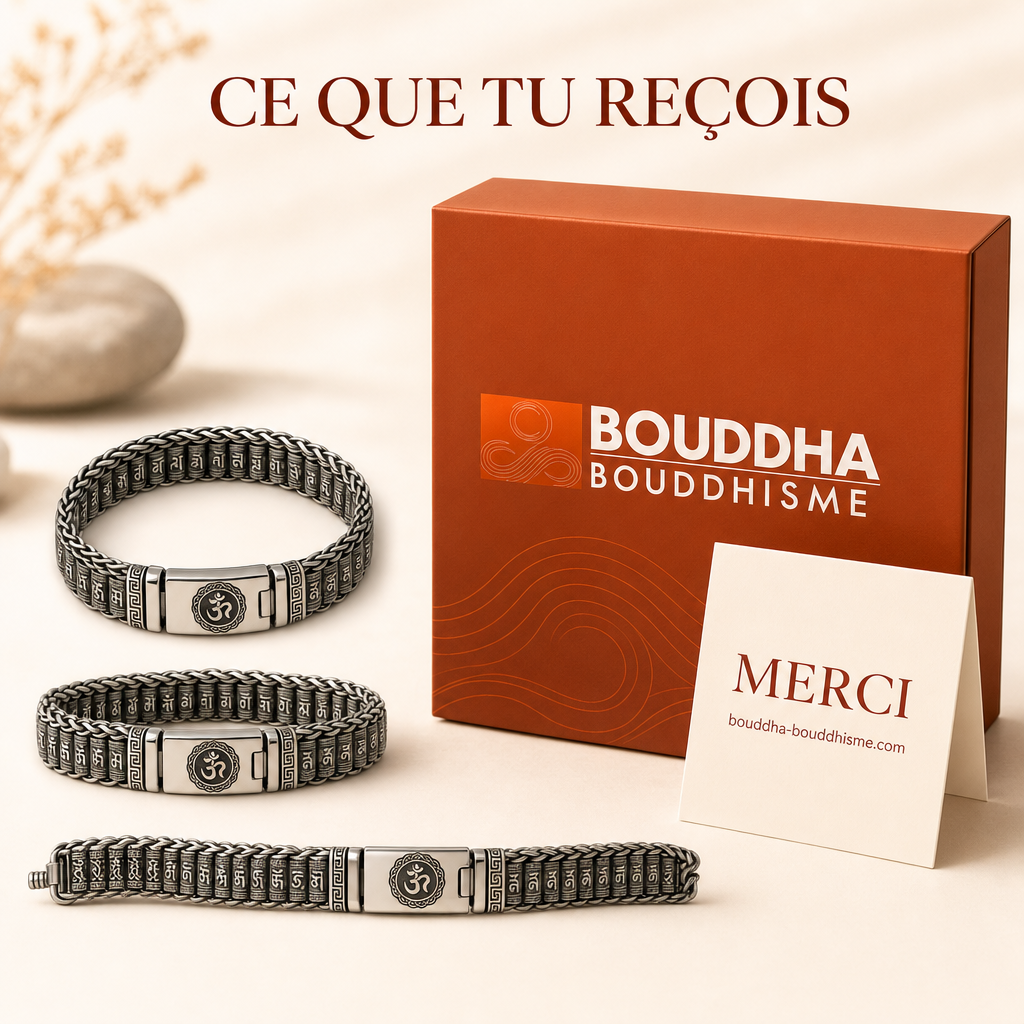 Bracelet Argent Mantra Bouddhiste : packaging concept (non contractuel)
