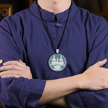 Amulette Bouddha bleu Birmanie jade grade A non traité, vue ensemble cordon et pendentif