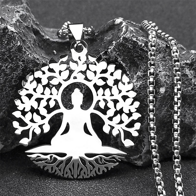 Pendentif Bouddha Arbre de Vie en acier inoxydable 316L, vue de face