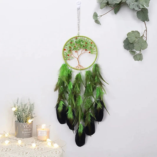 Attrape-rêve arbre de vie vert 70 cm suspendu, vue de face