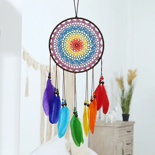 Détail des sept anneaux chakras de l'attrape-rêve, couleurs Muladhara à Sahasrara