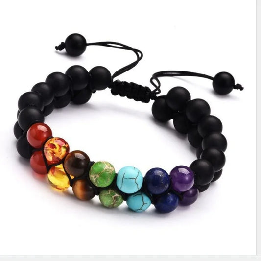 Détail des sept pierres strass chakras sur cordon tressé double