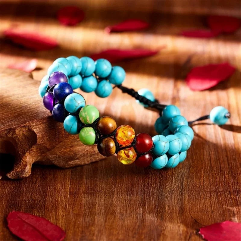 Bracelet 7 chakras double rang coloris bleu et noir côte à côte
